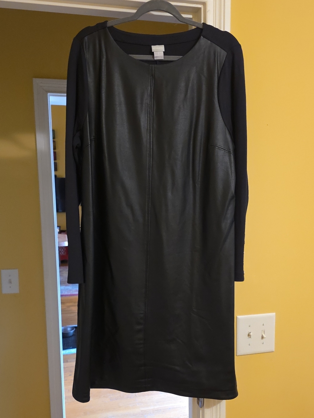 Chico's Black Faux-Leather Front Long Sleeve Dress